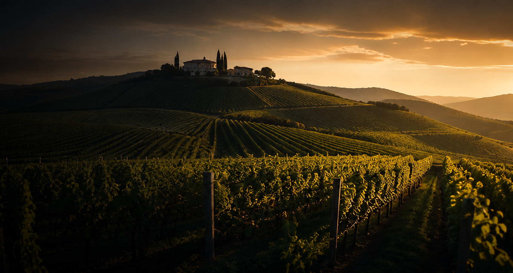 Vigneti sulle colline al tramonto